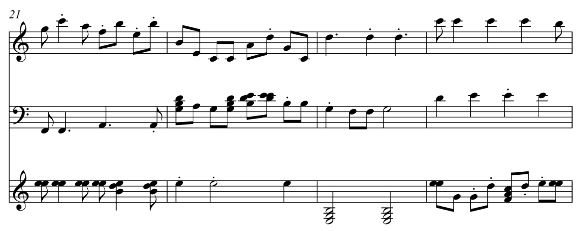 Bars 21–24 of the 64-bar hill-climbed piece, showing unison chords on the bottom staff